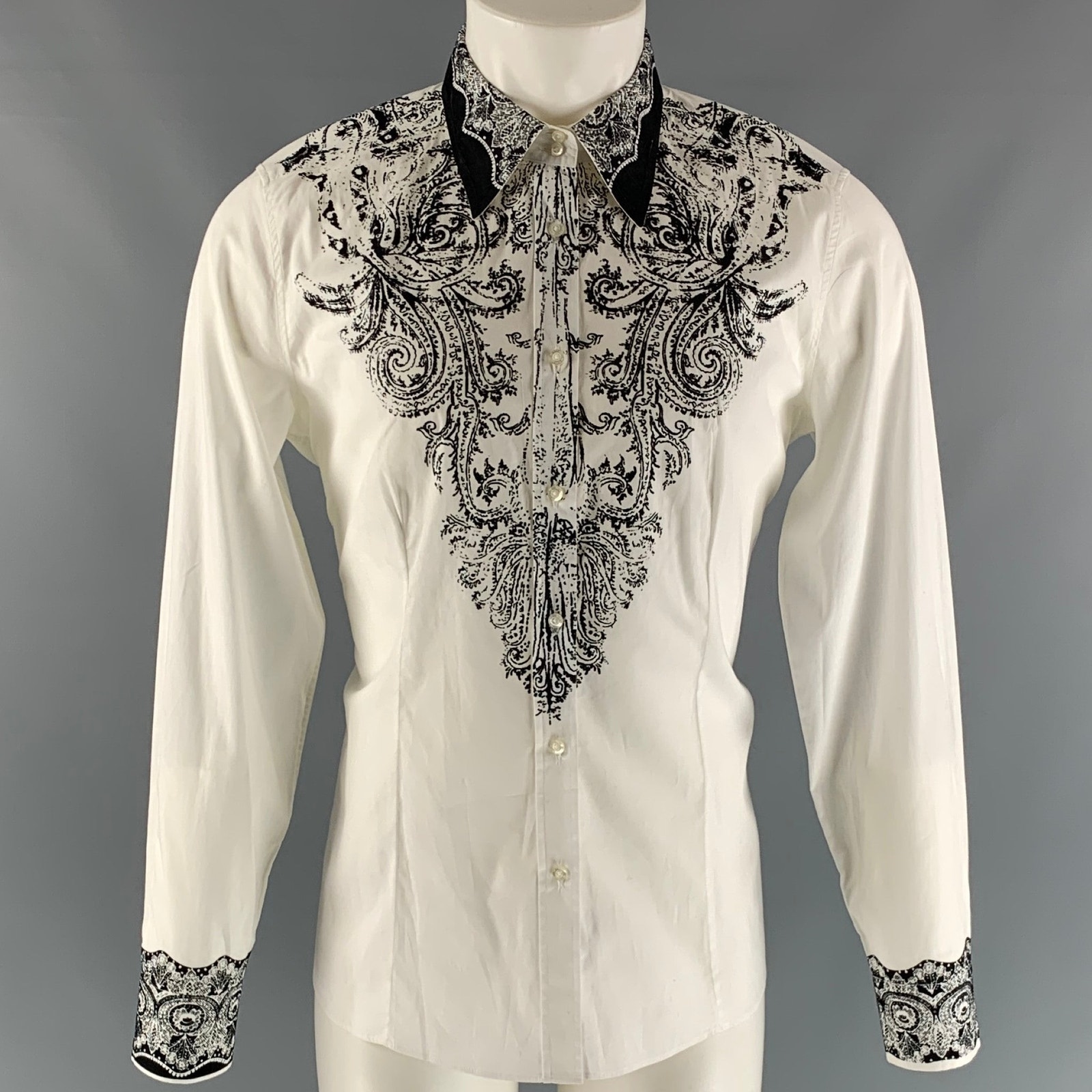 Etro Size 14 White Black Cotton & Elastane Print Shirt